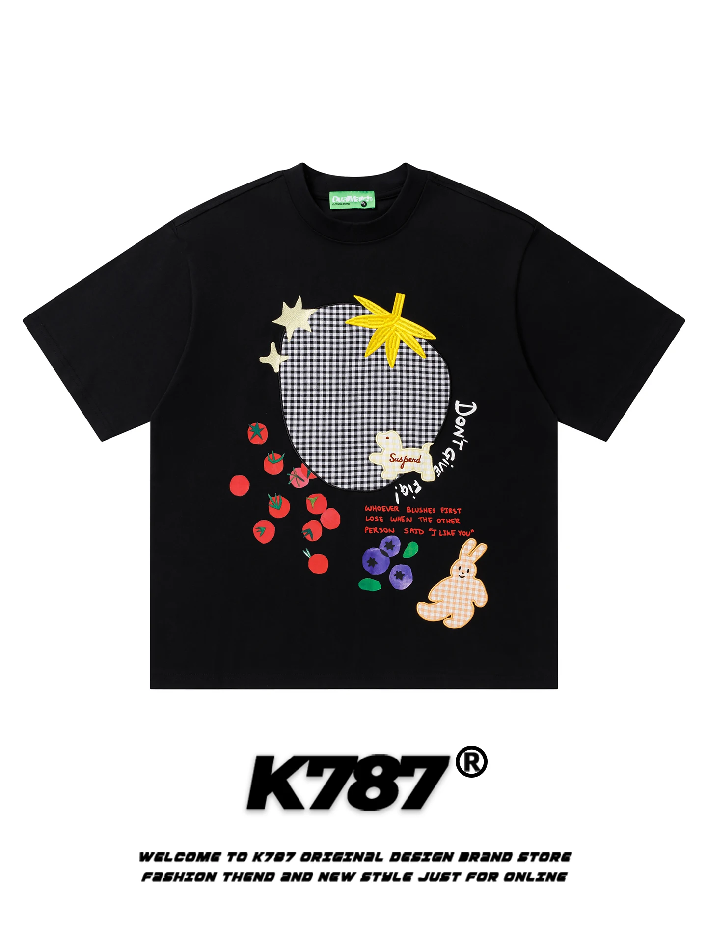 

K787 Американская ретро-футболка с вышивкой, круглым вырезом, мужская, свободного кроя, из чистого хлопка, для пар, летняя, модная