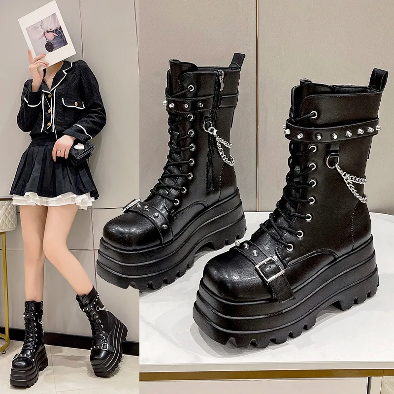 

Women's Platform Boots Fashion Mid-calf Leather Boot Thick Soled Gothic Boot Punk Style Cosplay Boots for Women Motorcycle Boots