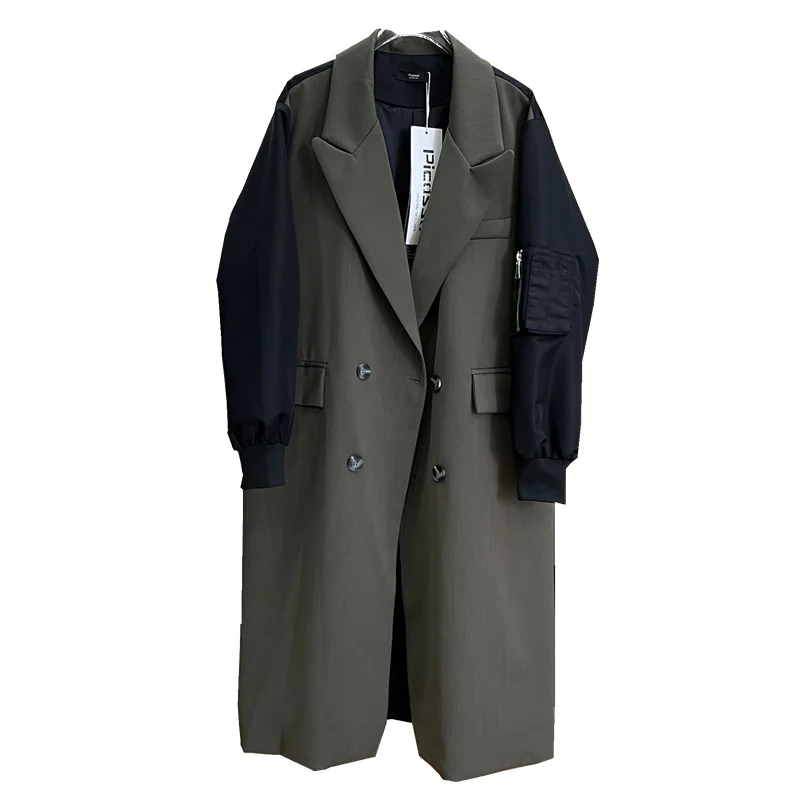 SuperAen Autumn New European Style Suit Collar Double Breasted Design Spliced Jacket Oversize Long Trench Coat