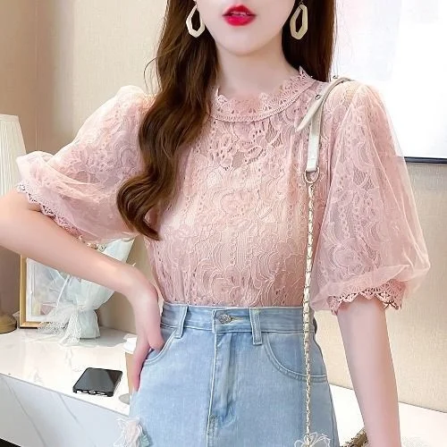 

Small High Sense Fashion Top New Round Neck Lace Shirt Women's Summer Blusas Clothes for Women Blouse Shirts