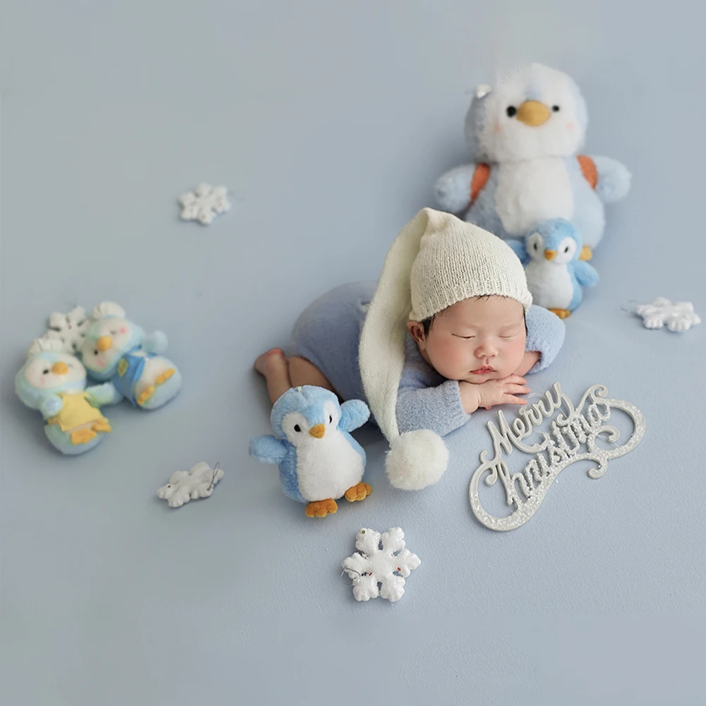 الوليد البطريق التصوير الدعائم مجموعة رائعتين الطفل البطريق زي محشوة الدمى ندفة الثلج ديكور للاستوديو الشتاء صور الدعائم #6