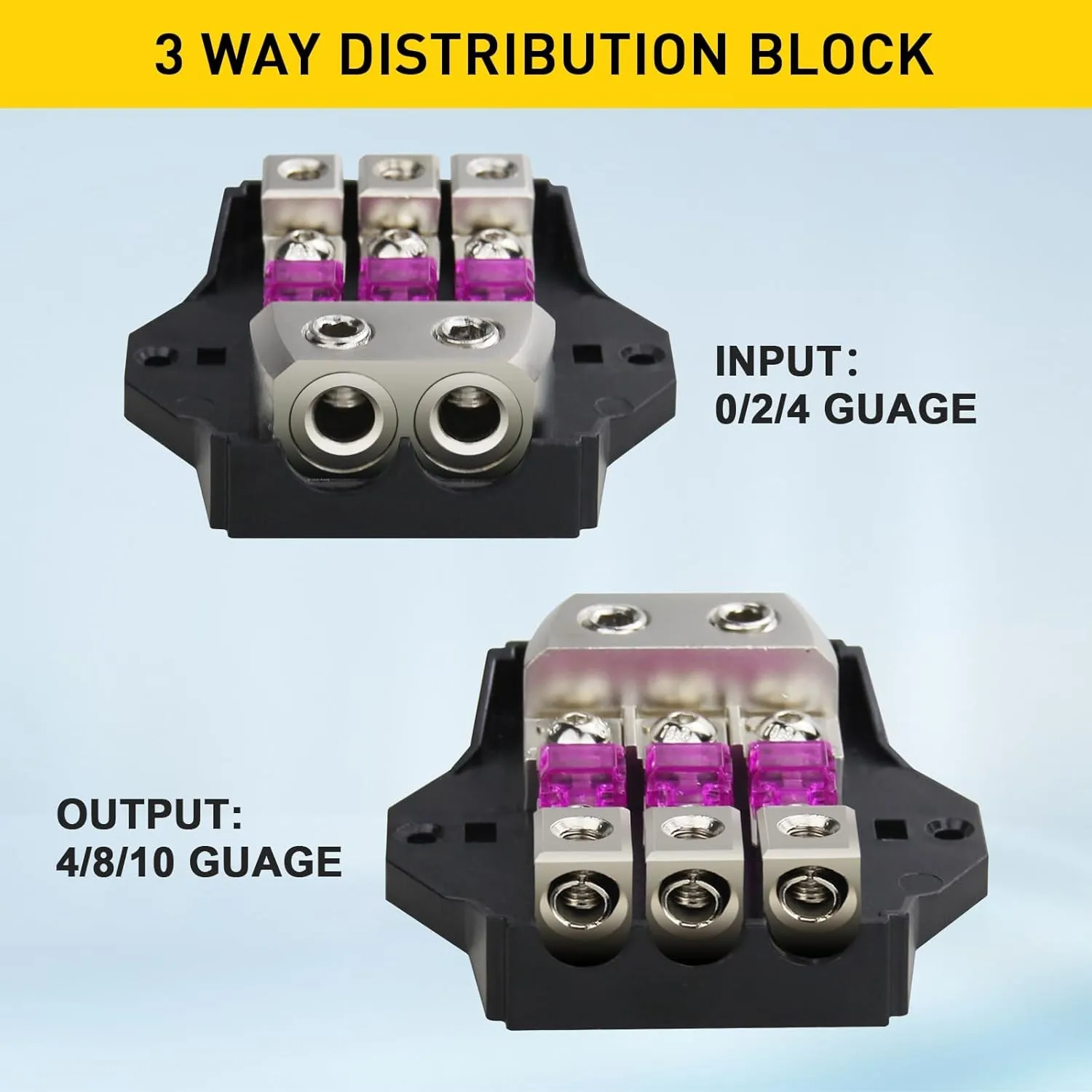 

3-Way Power Distribution Block with 0/2/4AWG Input & 3×4/8/10AWG Outputs, Amp Ground Distributor Car Audio Amplifier Splitter 1