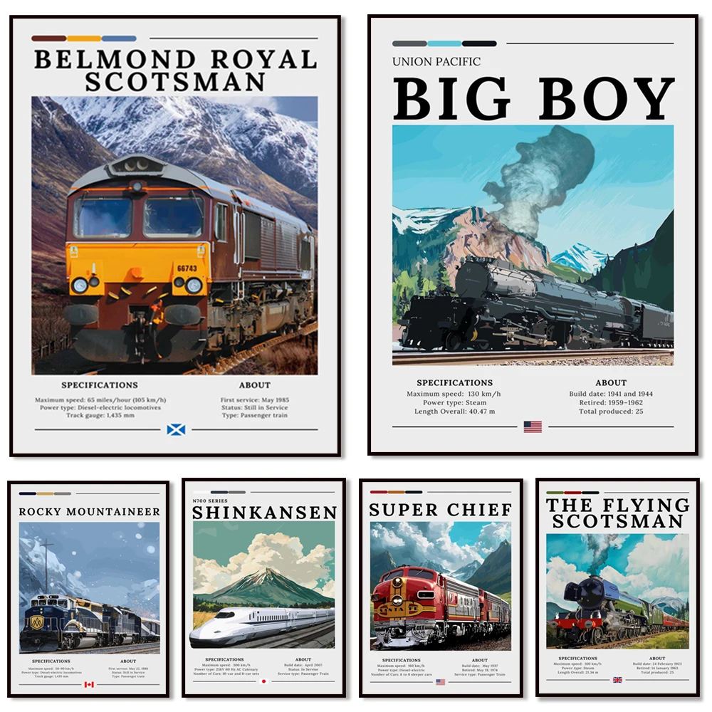 Rocky Mountaineer train, Santa Fe Railway train, Scottish and Canadian trains, locomotives, railways, vintage train posters