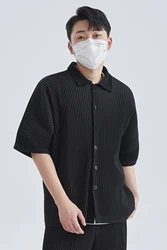 Miyake Lapel Shirt Pleated Short Sleeve T Shirt For Men Plain Shirt Button Up Shirt Summer Clothes For Men Black Casual Top