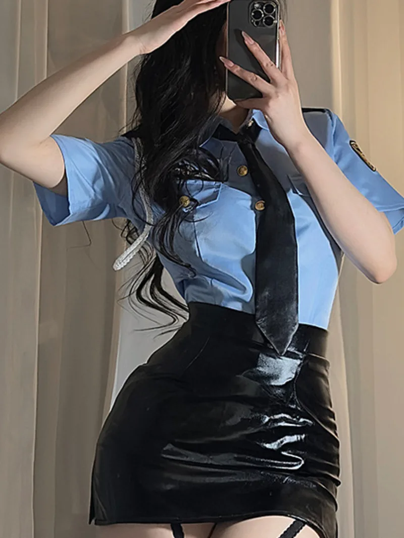 Sexy Flight Attendant Clothes Turn-down Collar Short Sleeve Elastic Waist Black Leather Wrap Buttocks Skirt Set Summer New 2FRL - view 5