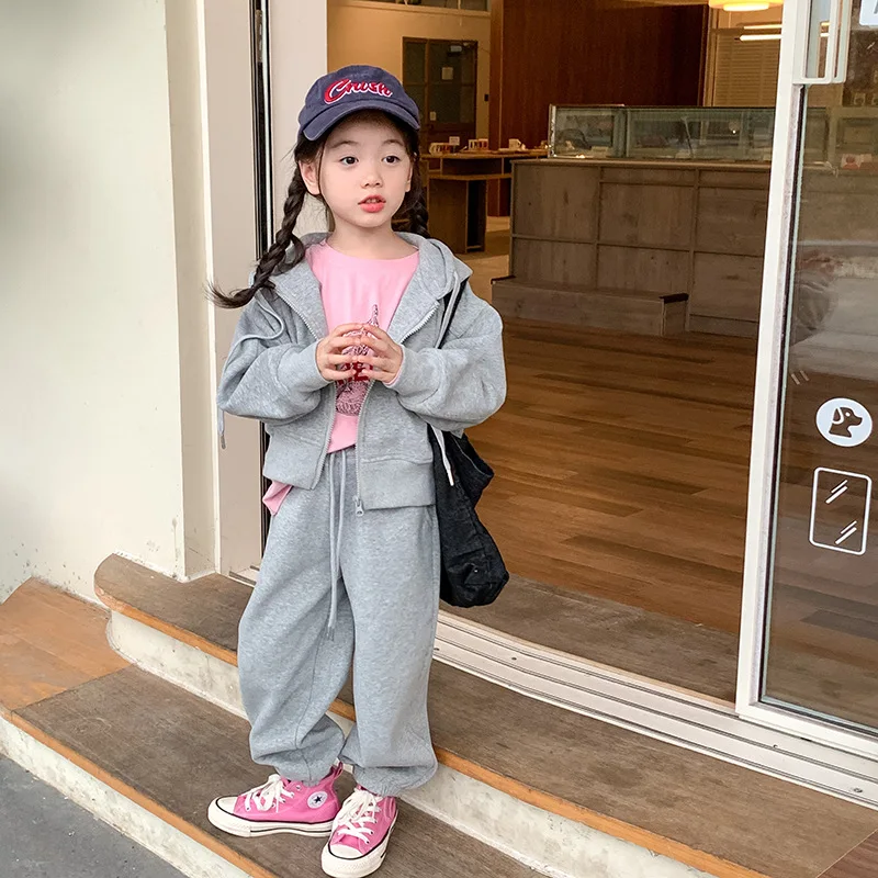 Baby Girl Clothes Suit Girls Casual Korean Double Zipper Hoodie Drawstring Ankle Sweatpants Fashion Casual Two-piece Set