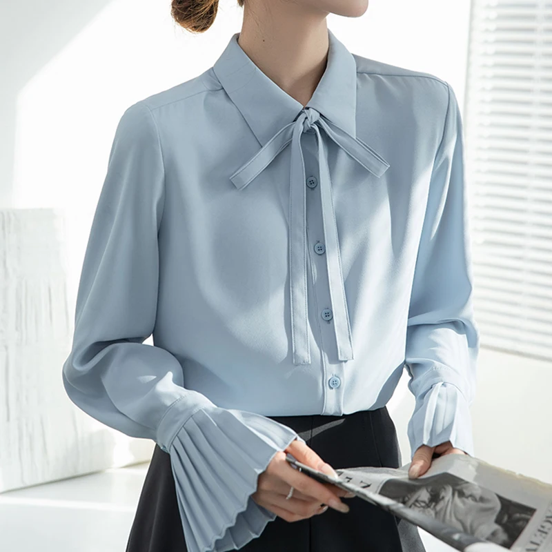 Blauw Shirt Vrouwen Lange Mouw Beroep Kantoor Dames Blouse Koreaanse Mode Tops Flare Mouw Witte Shirts Vrouwelijke S-XL