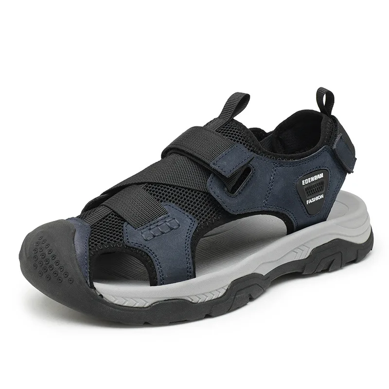 High quality leather flat sandals for men round toes new summer 2025 size 38 46 casual beach walking big size shoe blue green