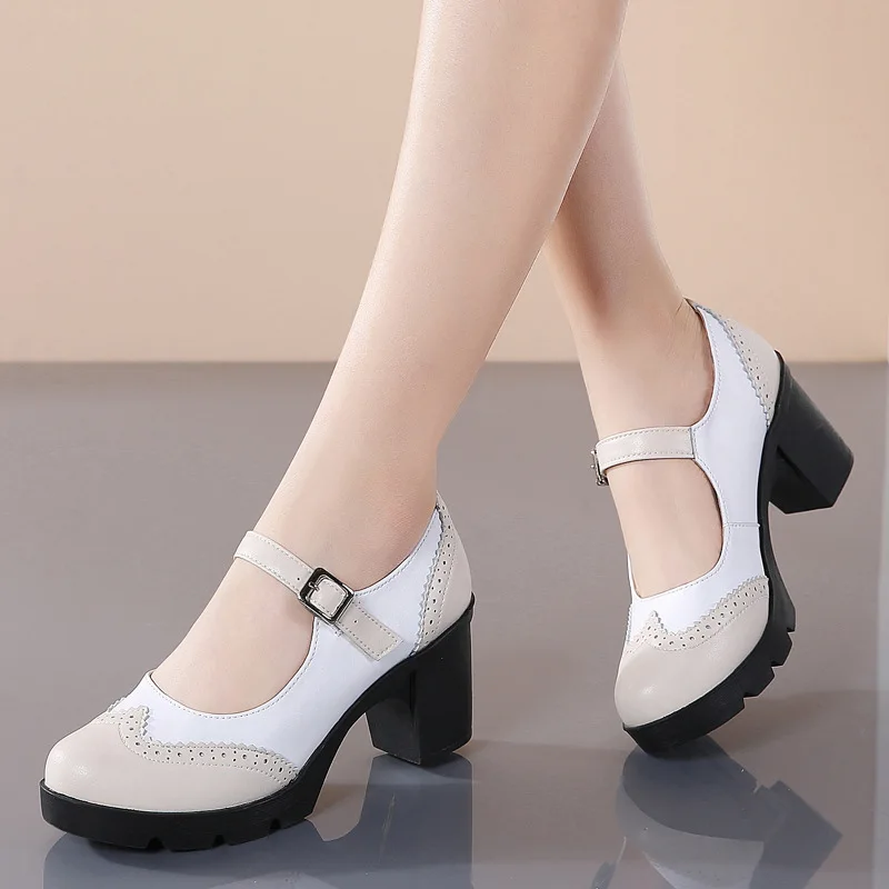 New Women Genuine Leather Buckle Strap Mary Janes Platform Shoes Woman Pumps High Heels Dress Shoes Retro Ladies Wedding Shoes