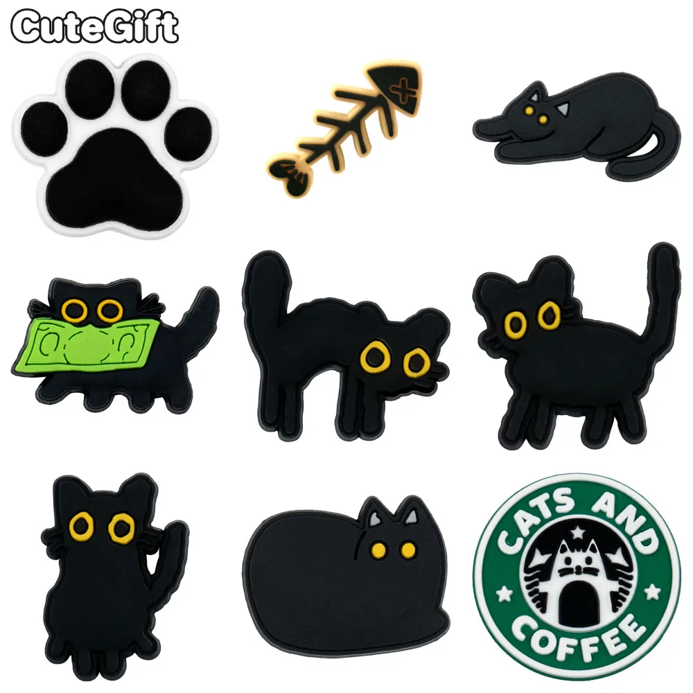 1/9pcs PVC Black Cat Shoe Charms for Kids Women Men Cat\'s Paw Shoe Decorations Pins for Clog Buckles Sandals Accessories