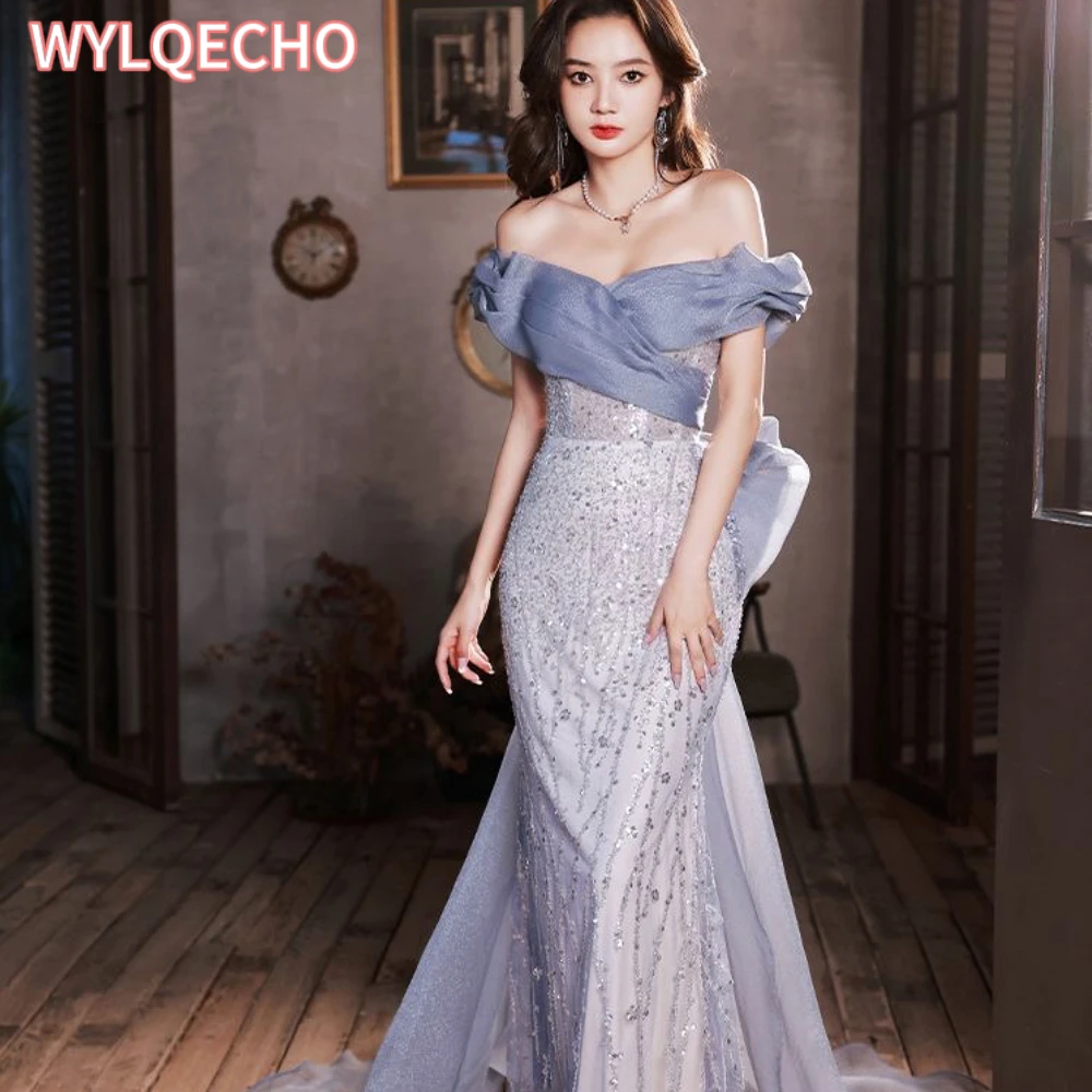 

Blue 2023 New Luxury Off Shoulder Evening Dresses Women Beading Big Bow Long Formal Cheongsam Banquet Prom Gown