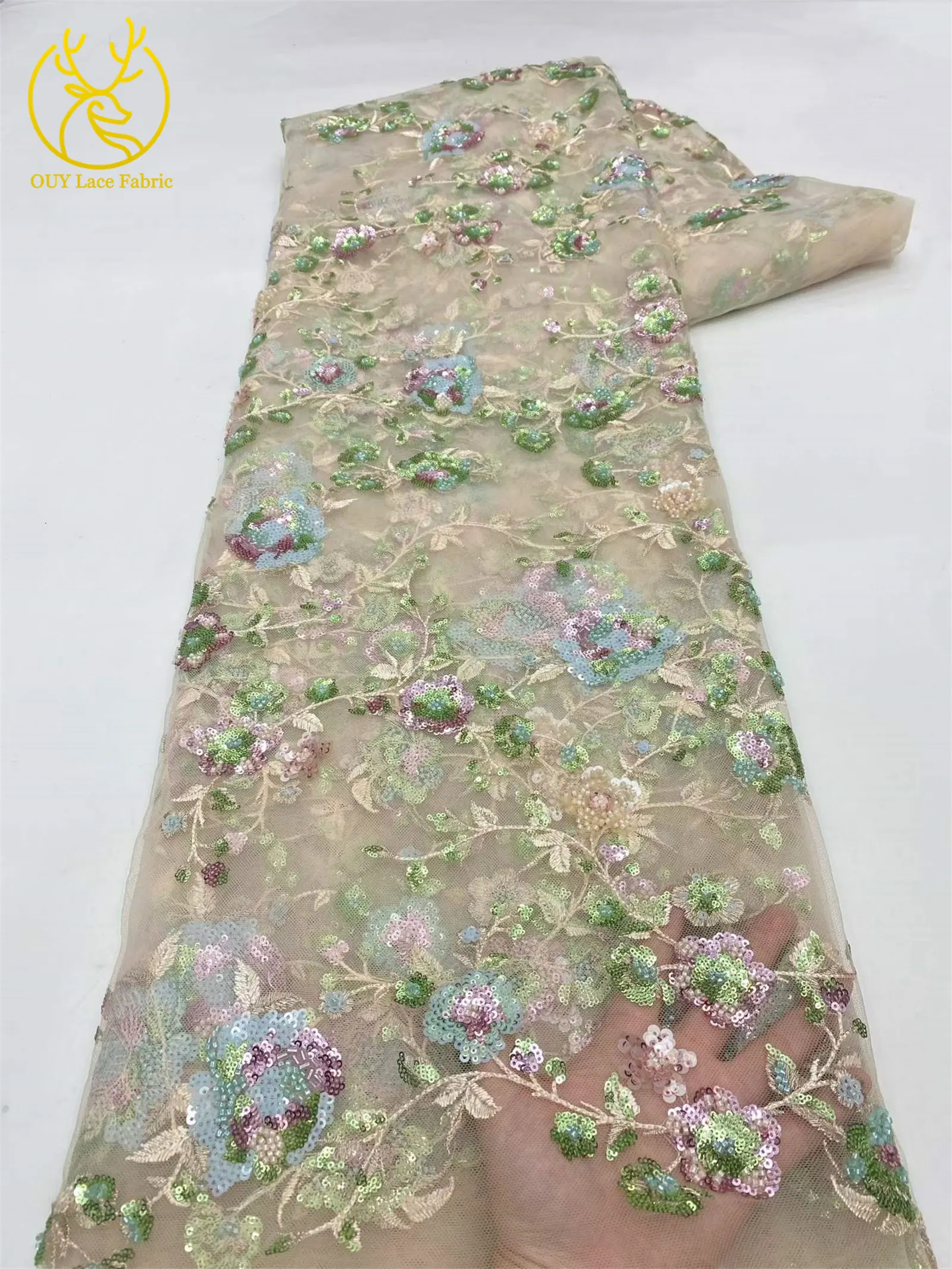 Elegantes Brautkleid mit Pailletten-Stickerei, Spitzenstoff 2026, Hochwertige Afrikanische Perlen-Tüllspitze für Damenkleider zum Nähen – Detail 11