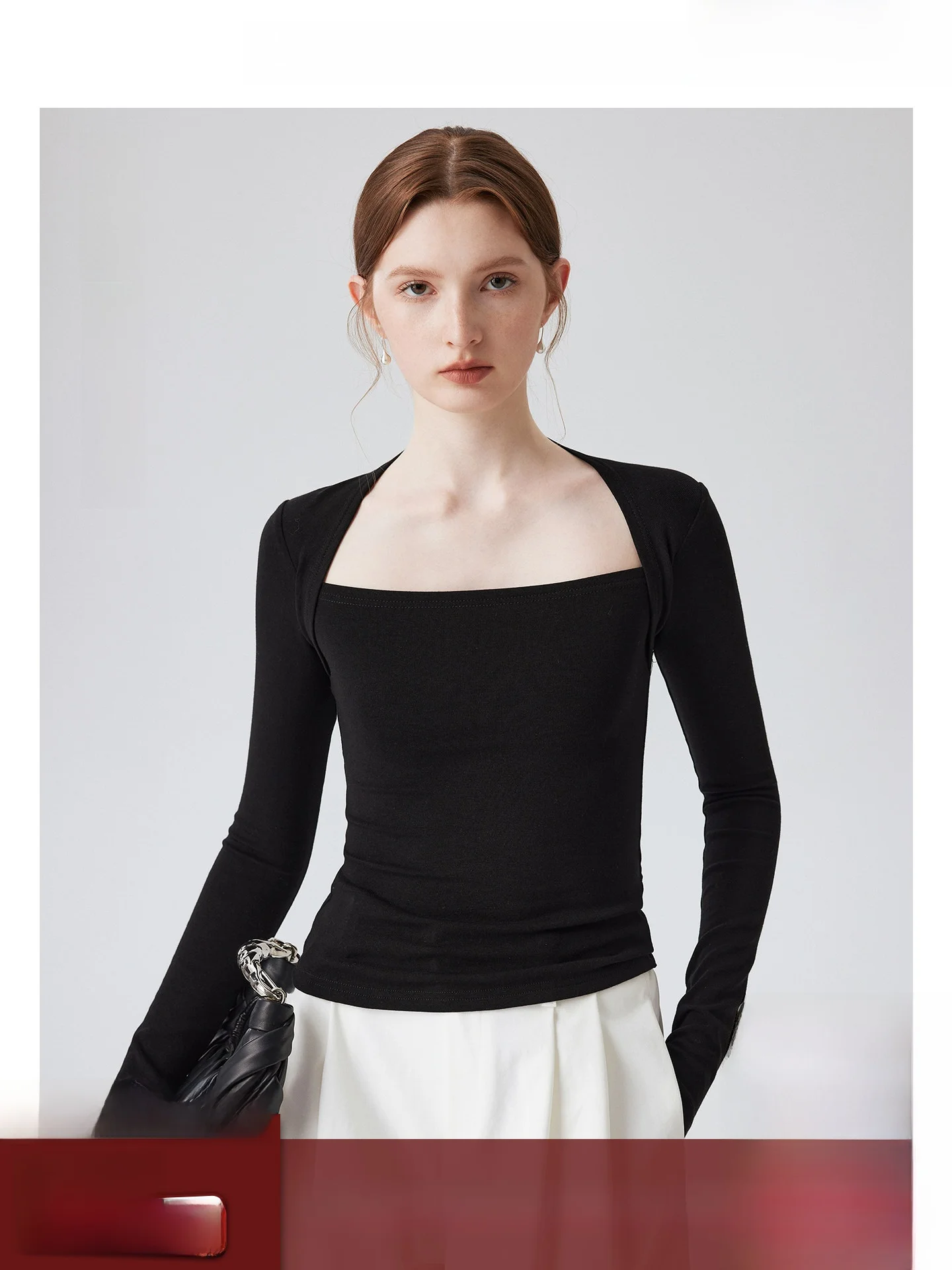 

Slim Fit Long Sve Cotton T-irt Women's Design Sense Square Collar Inner Wear Base irt Spring Commute Sle Pure Color