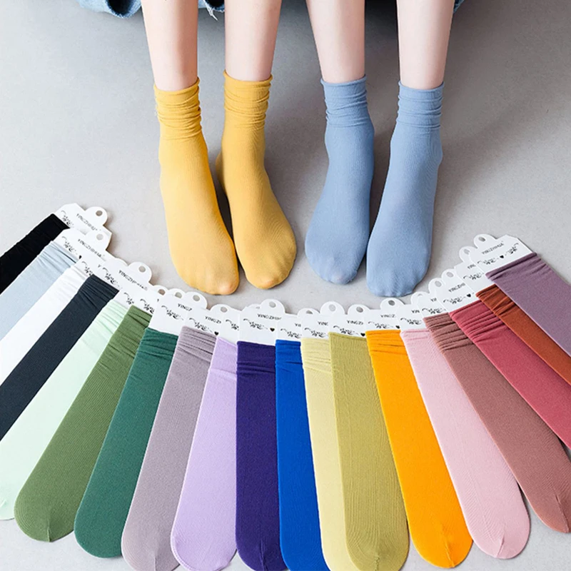 Chaussettes fines en velours pour femmes, simples, mignonnes, solides, respirantes, longues, hautes, Harajuku, printemps, été