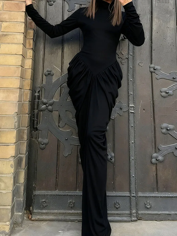 เดรสยาวแขนยาวคอสูงครึ่งตัว ดีไซน์เรียบหรู ทรงเข้ารูป เอวสูง สไตล์ลำลอง สำหรับผู้หญิง เหมาะกับฤดูใบไม้ผลิและฤดูใบไม้ร่วง แฟชั่นเดรสทรงพลิ้วสำหรับงานปาร์ตี้