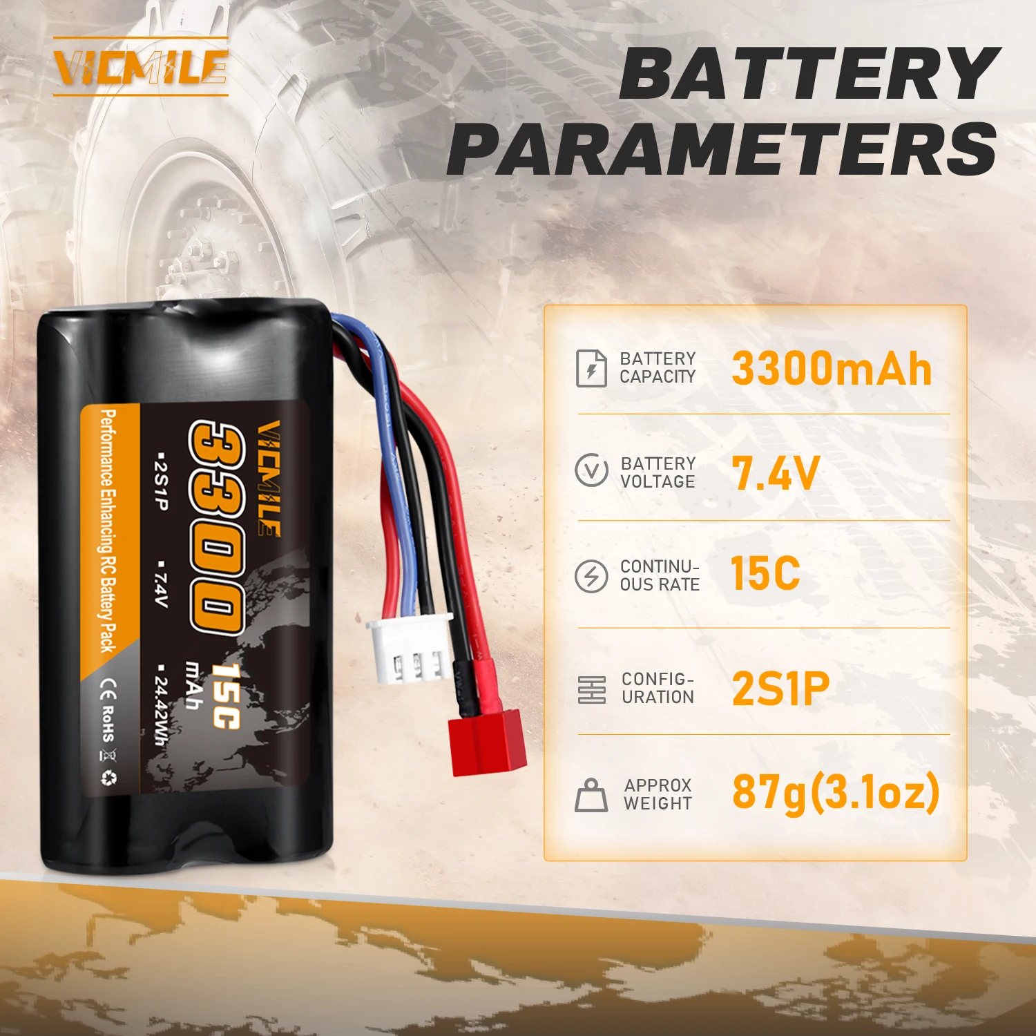 VICMILE 1-2pcs 7.4V 3300mAh  Li-ion Battery with Dean-Style T Plug 2S Fit for WLtoys 4WD High Speed RC Cars /Truck