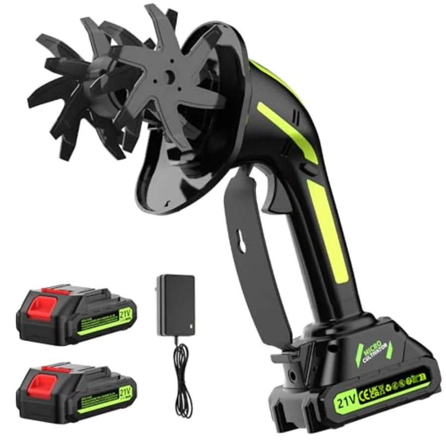 

21V Cordless Tiller Cultivator for Gardening, Electric Garden Tiller Hand Tiller with 2.0Ah*2 Battery, Ergonomic Lightweight Ha
