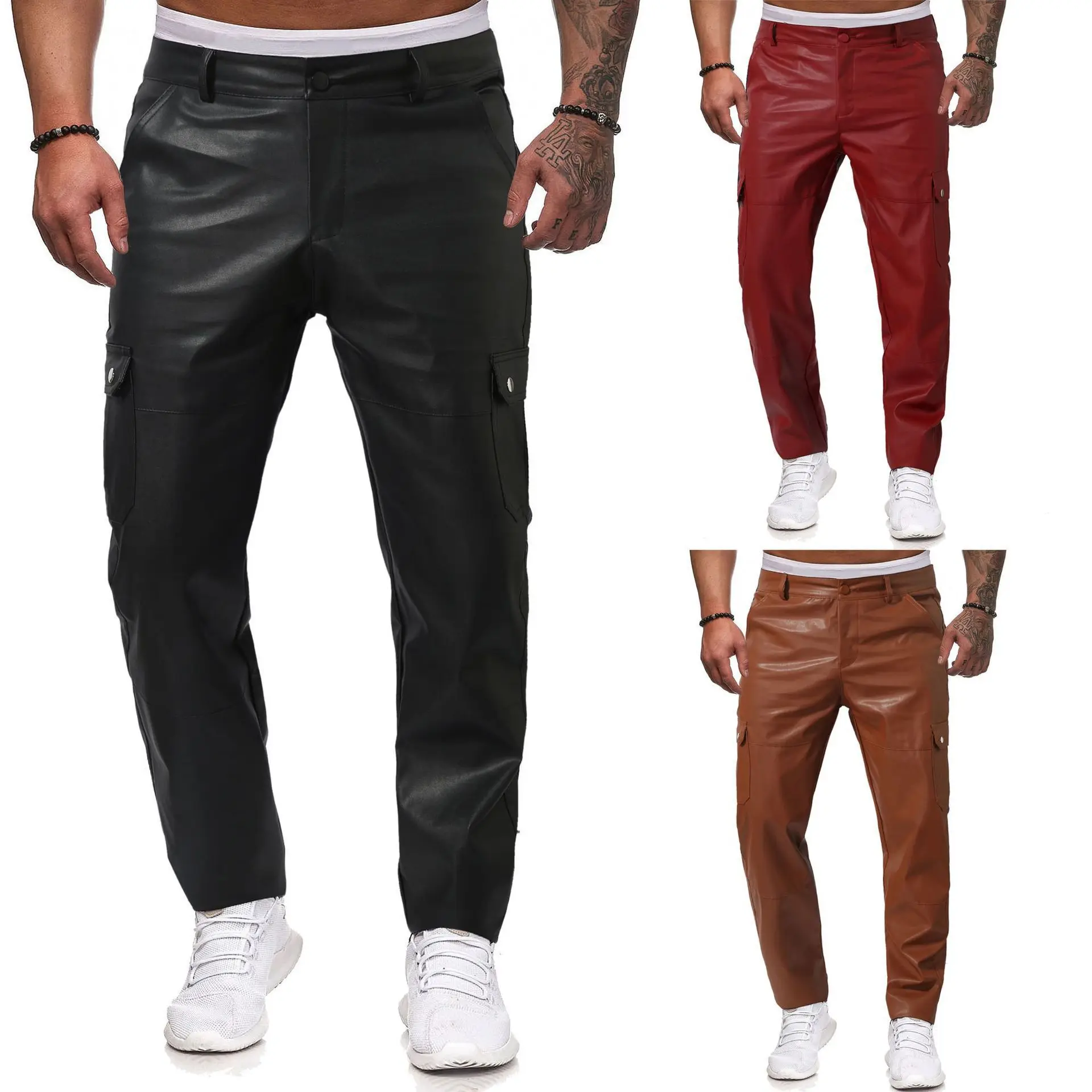 

2024 New Pure Color PU Belted Casual Men's Leather Pants Straight Leg Long Trousers for Leisure Scenarios