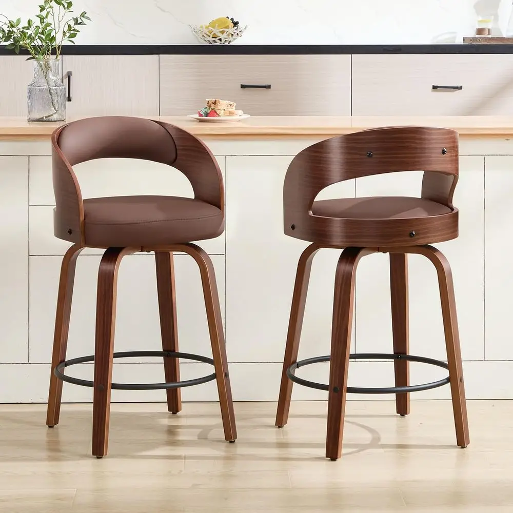 

Набор из 2 вращающихся барных стульев с высотой сиденья 26 дюймов, обитых искусственной кожей, со спинкой, в стиле середины века, с изогнутой деревянной основой.