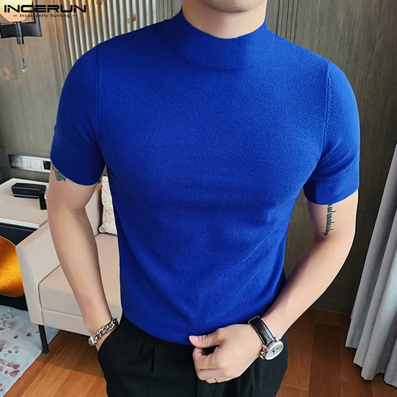 Men Casual T Shirt Solid Color Turtleneck Short Sleeve Streetwear Camiseta Masculina 2023 Fitness Stylish Tee Tops S-5XL INCERUN