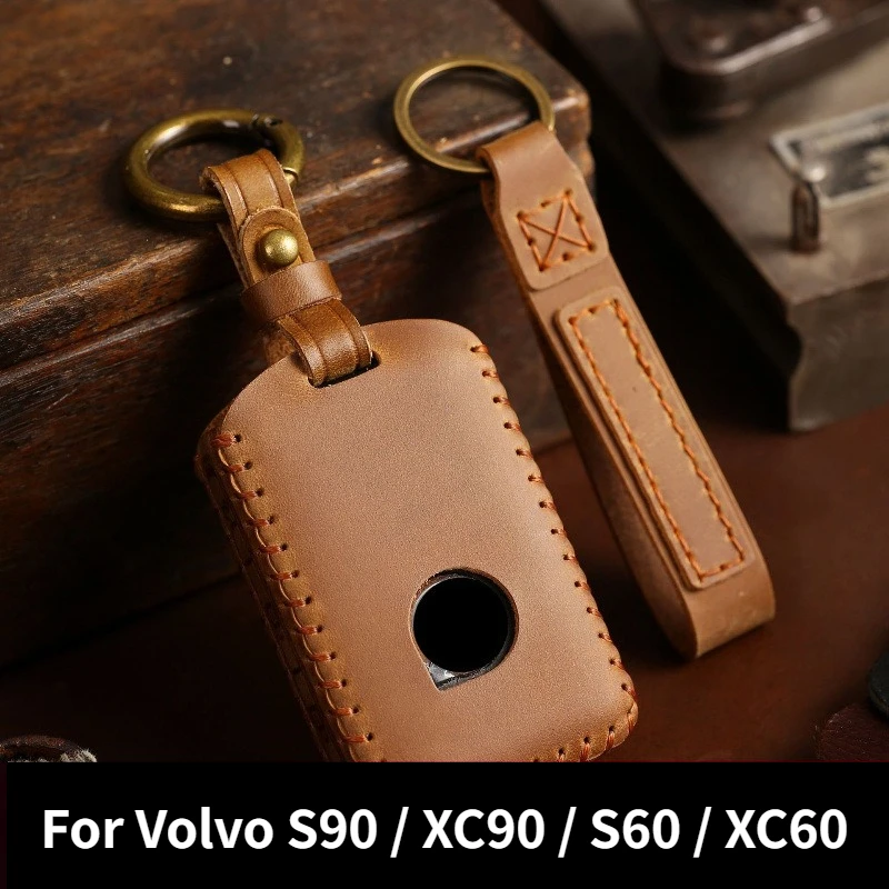 Retro Handmade Smart Card Key Cover For Volvo S90 XC90 S60 XC60,Anti‑drop Auto Key Protector Shell With Keychain Buckle