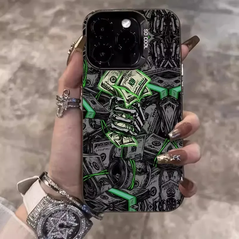 Trendy Geld Skeleton Hand Matte Telefon Fall Für iPhone 17 16 15 14 13 12 11 Pro Max XS XR 7 8 Plus 16E 16Pro Laser Harte PC Abdeckung – Detail 1
