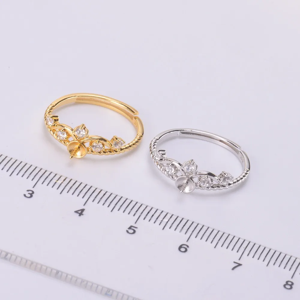 Aksesoris cincin mutiara DIY S925 cincin mutiara perak murni pegangan kosong pemegang cincin mahkota kecil cocok untuk 4-6mm manik-manik datar bulat Z043