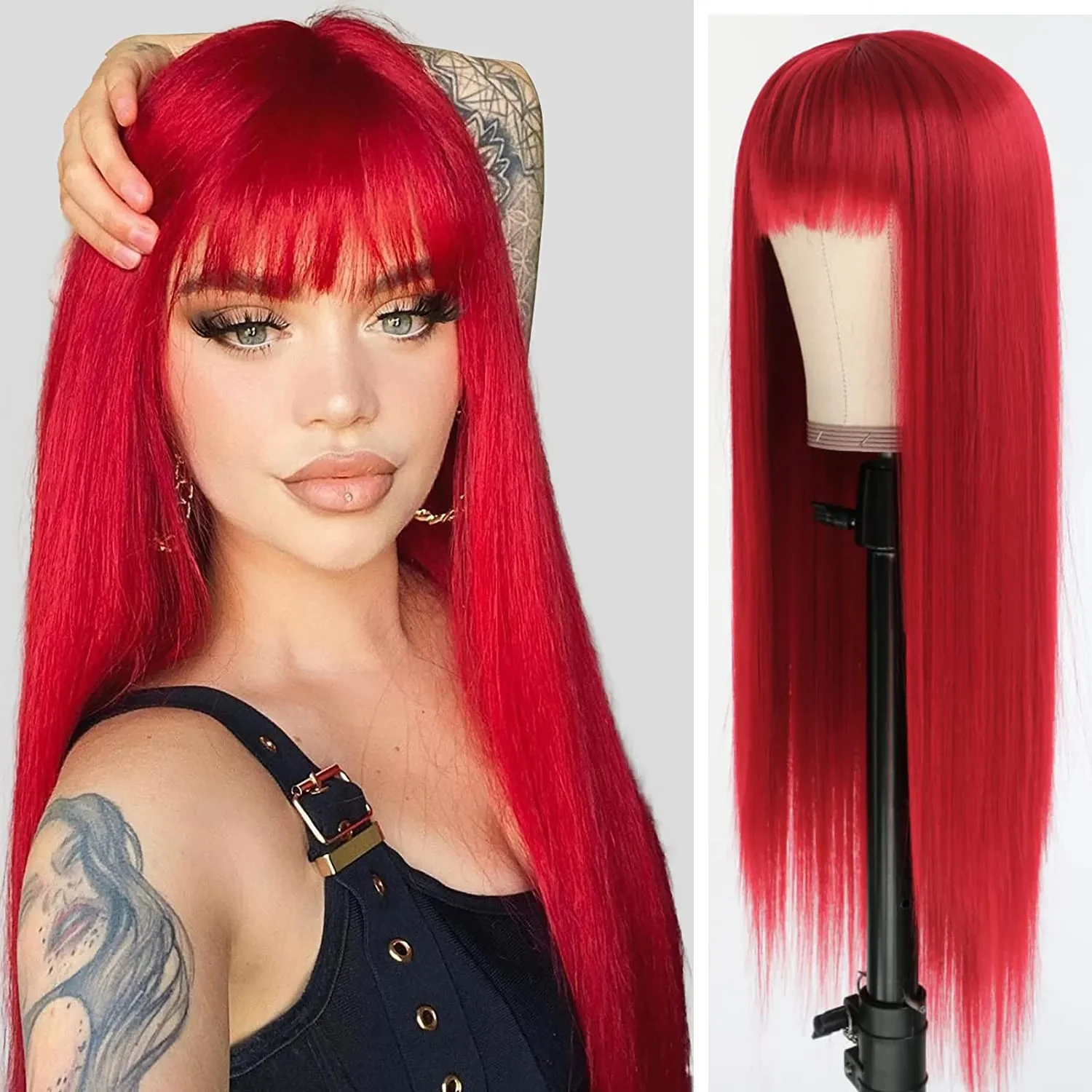 Peruca cosplay de cabelo liso sintético com franja para mulheres, longo, rosa, vermelho, resistente ao calor, halloween, 28"