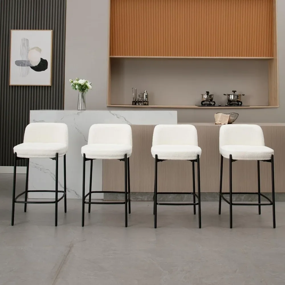 Modern White Sherpa Counter Stools with Black Metal Legs, 26