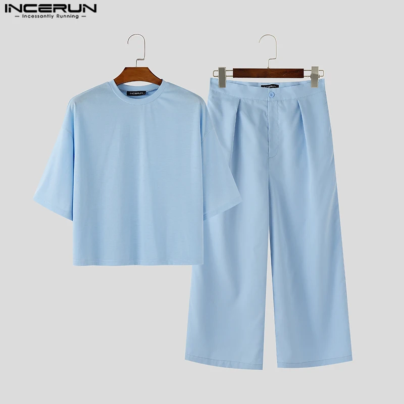 

INCERUN Men Sets Solid Color O-neck Short Sleeve T Shirt & Pants Two Pieces Sets Summer Loose Streetwear 2025 Fashion Men Suits