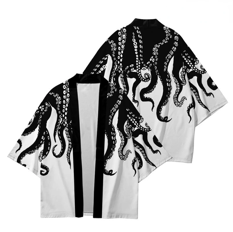Devil's Fish Print Loose Japanese Streetwear with Open Collar for Men and Women, Harajuku Hiroshi Kimono Cosplay Top