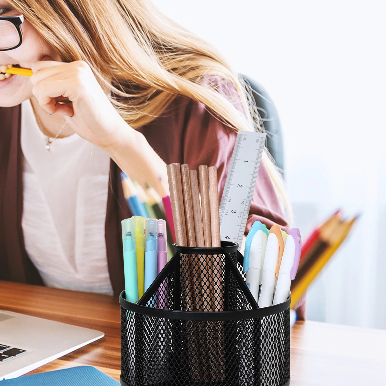 

Rotating Pen Holder Large Size Metal 360 Degree Desk Organizer Pencil Cup Marker Container Black Storage Solution