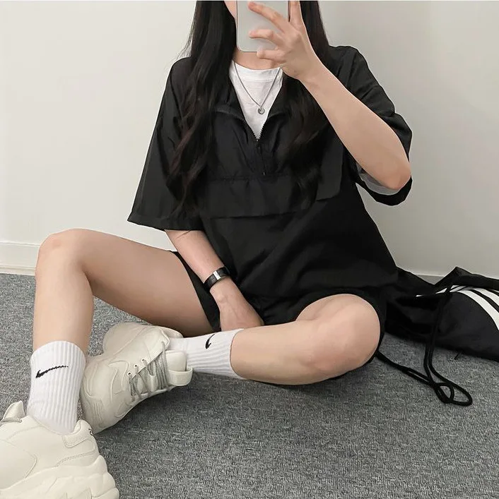 Hoodie Sleepwear Estilo Coreano Mulheres Pijama Shorts Conjuntos Pijama Loungewear Verão Two Piece Set Zipper Night Wear Home Suit