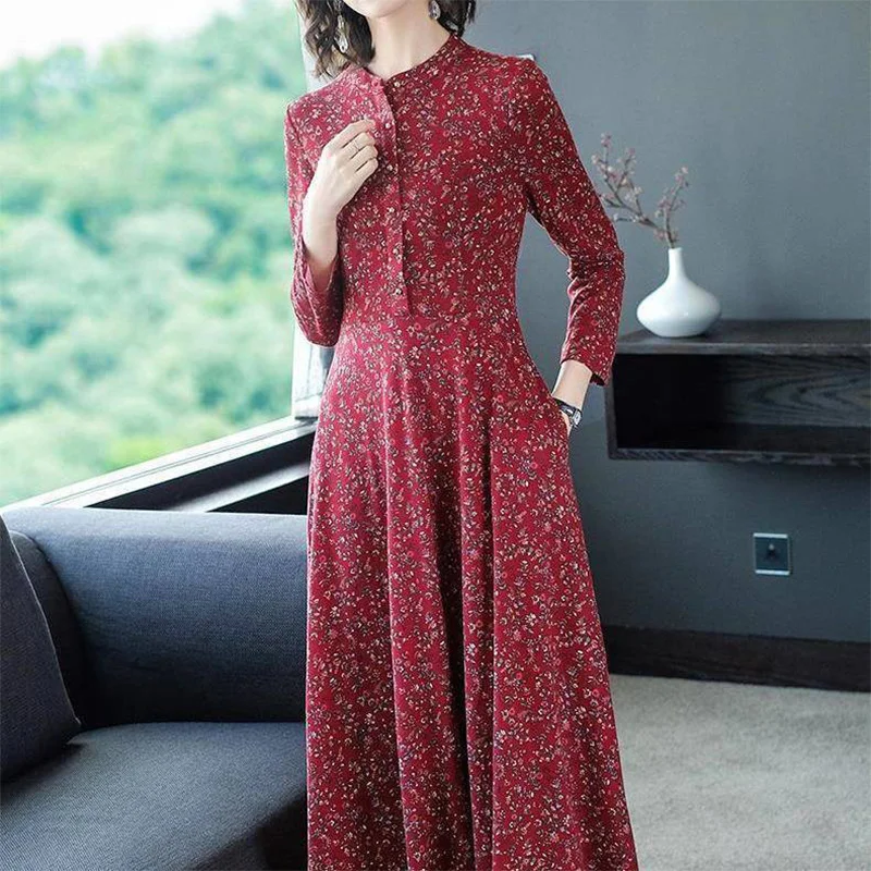 Fashionable Side Pockets Long Sleeved Dress for Women Spring Autumn New Ice Silk High Collar Loose Printing Button Long Dresses