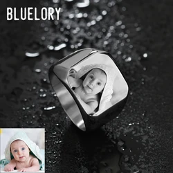 Bluelory Personalized Square Rings Men Women Stainless Steel Engrave Photo Logo Name For Family Lover Anniversary Gift Wholesale