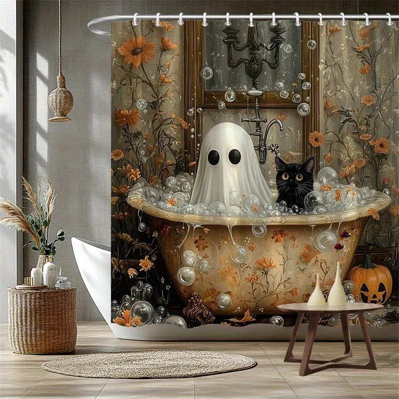 New in 2026 One Halloween-Themed Shower Curtain Showcasing a Black Cat, Ghost, Bubbles, Autumn Orange Flowers, a Vintage Window with a Chandelier, And Pumpkin Details, Measuring 70.86X70.86 Inches And Including 12 Hooks