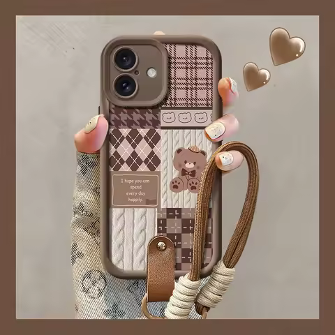 Wrist Chain Phone Case For Xiaomi 14T 13T 12T 11T 15 14 12 13 Poco X6 X5 X3 F3 F5 Pro Lite Grid Pattern Bear Lanyard Cover