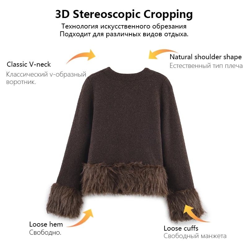 معطف للسيدات مع حاشية قطيفة من الفرو الصناعي معطف محبوك بصدر واحد للخريف والشتاء معطف متعدد الاستخدامات على الموضة اليومية #5