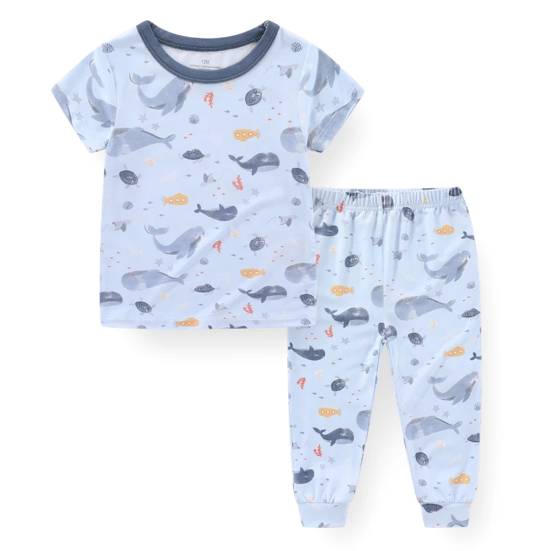 kiddiezoom 2Pcs Summer Unisex Kids Cotton Pajama Set Multi Cartoon Print Elastic Waist Toddler Sleepwear