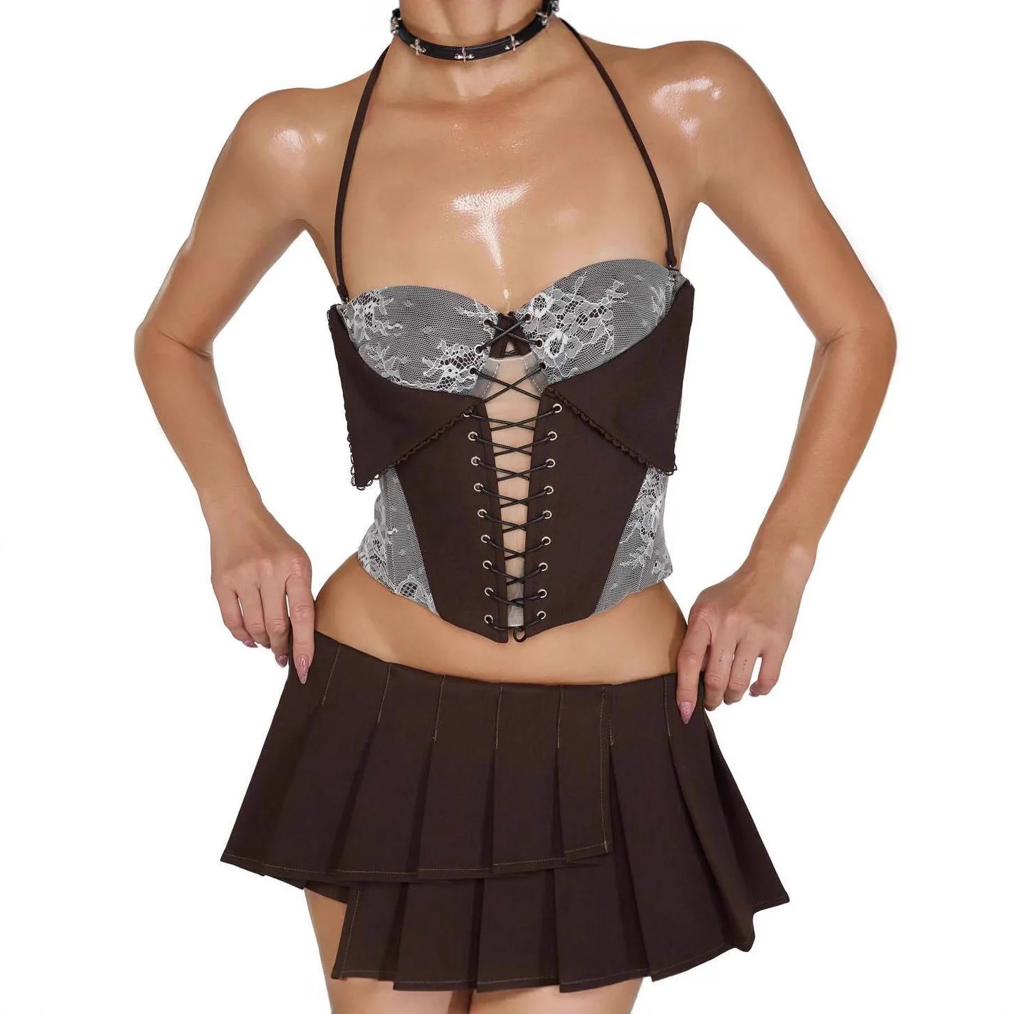 Contrasting Ne Strap Lace Tie-Bind Top Ultra-Thin Summer 2025 Women's Faion Strapl Brtte Floral Embroidery