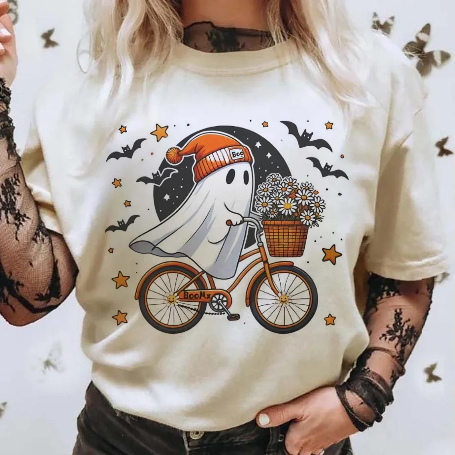 Pattern Women's Cute Halloween Floral Ghost Cycling Printed Fun T-Shirt Fashion Summer Top Harajuku Versatile Short Sleeve