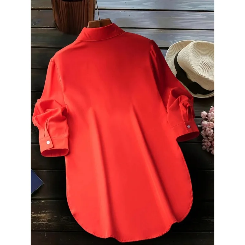 حجم كبير المرأة 1XL-5XL المرأة الخريف موضة بلون واحدة الصدر التلبيب سبليت قميص بأكمام طويلة