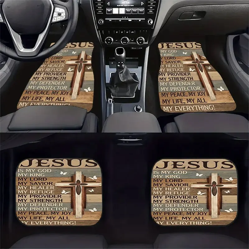 4pcs Christian Floor Mats Set With Cross & Bible Verse Design - Fit Anti-Slip Crystal Velvet All-Weather, Easy To Clean Inter