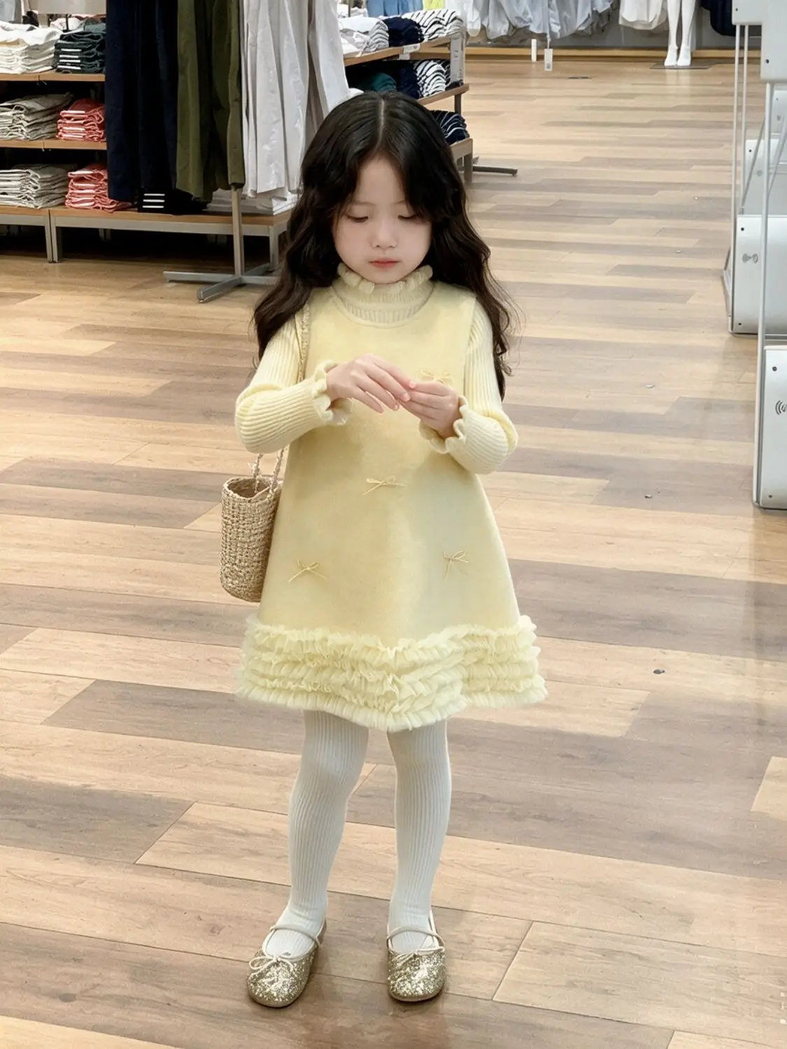 Girls' Dress Autumn/Winter New Children's Grey Bow Mesh Splicing Princess Skirt+Knitted Sweater 2-piece Set