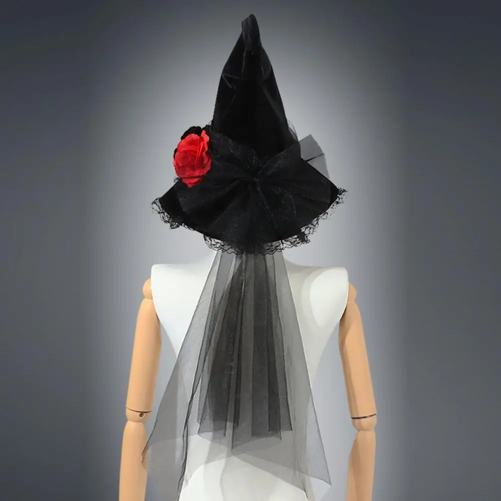 Sombrero de bruja de Halloween estilo gótico oscuro, malla de terciopelo, sombreros de flores falsas 3D, borde con volantes, accesorios de Cosplay puntiagudos