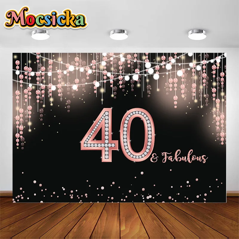 

Happy 40th Birthday Backdrop Golden Flash Eiffel Tower High Heels Woman Forty Birthday Photography Background Banner Backdrops