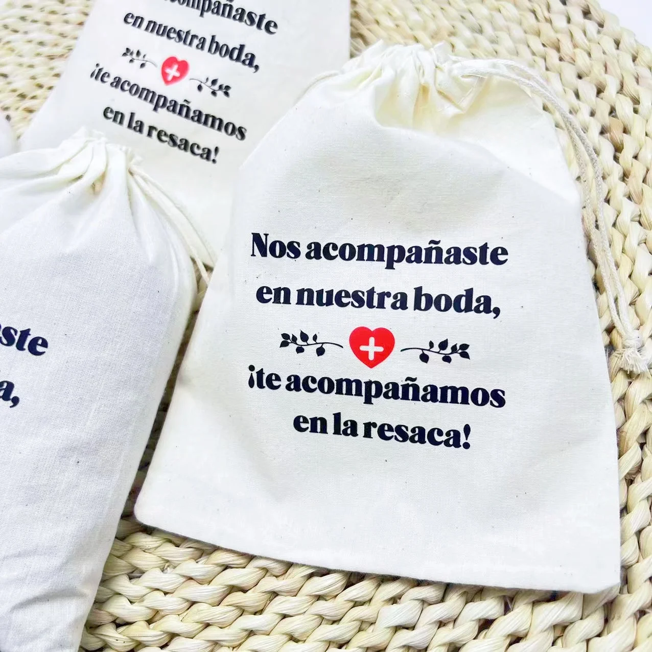 Bolsa de resaca de boda española, bolsa de regalo de boda, Kit de recuperación de envío individual, bolsa con cordón de tela de algodón Anti Resaca, 5 uds., 13*18