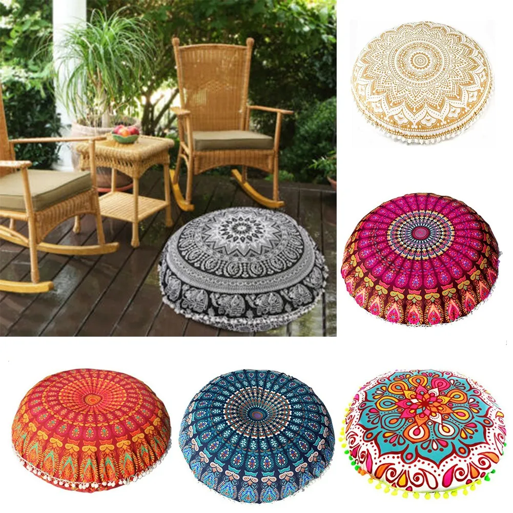 

43CM Round Bohemian Mandala Pattern Pillowcase Indian Elephant Printed Cushion Cover Boho Meditation Floor Pillows Case For Home