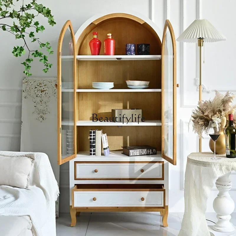 

LAmerican rural solid wood living room wall display cabinet retro old glass door dining side cabinetLX