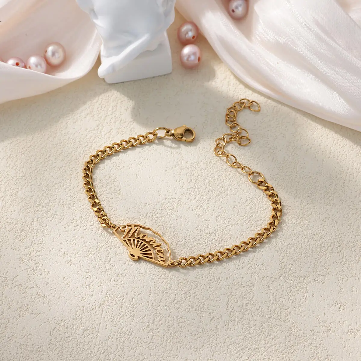 Stainless Steel Name Bracelet For Women Charm New Chinese Style Design With Fan Pattern Customized Letter Bracelets Jewelry Gift